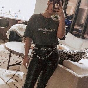 Leather chain belt black gold